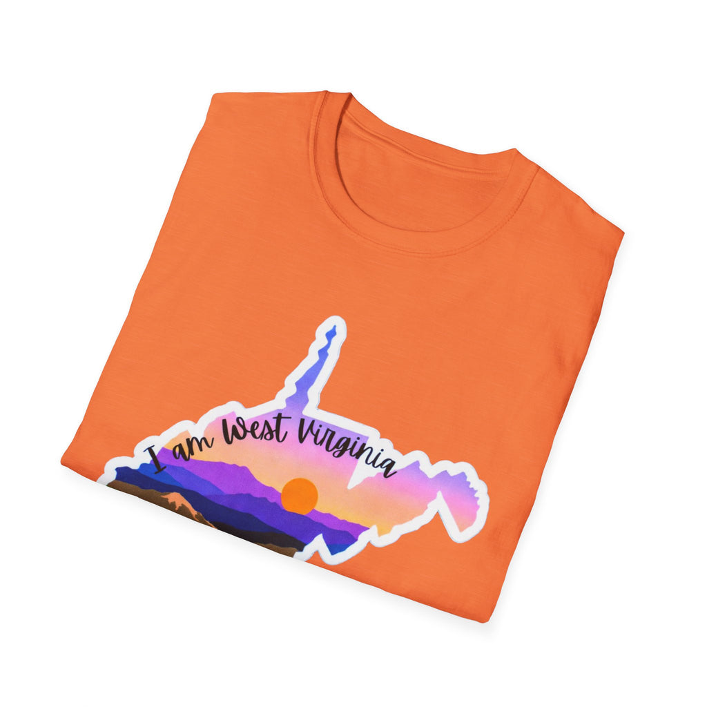 Orange T-shirt with West Virginia mountain-sunset graphic