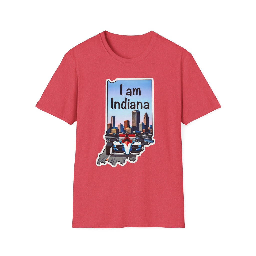 I am Indiana T-Shirt rot: Indiana-Umriss, Skyline & IndyCar-Aufdruck