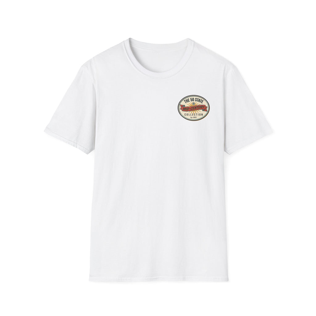 White crewneck T-shirt with small round emblem graphic on chest