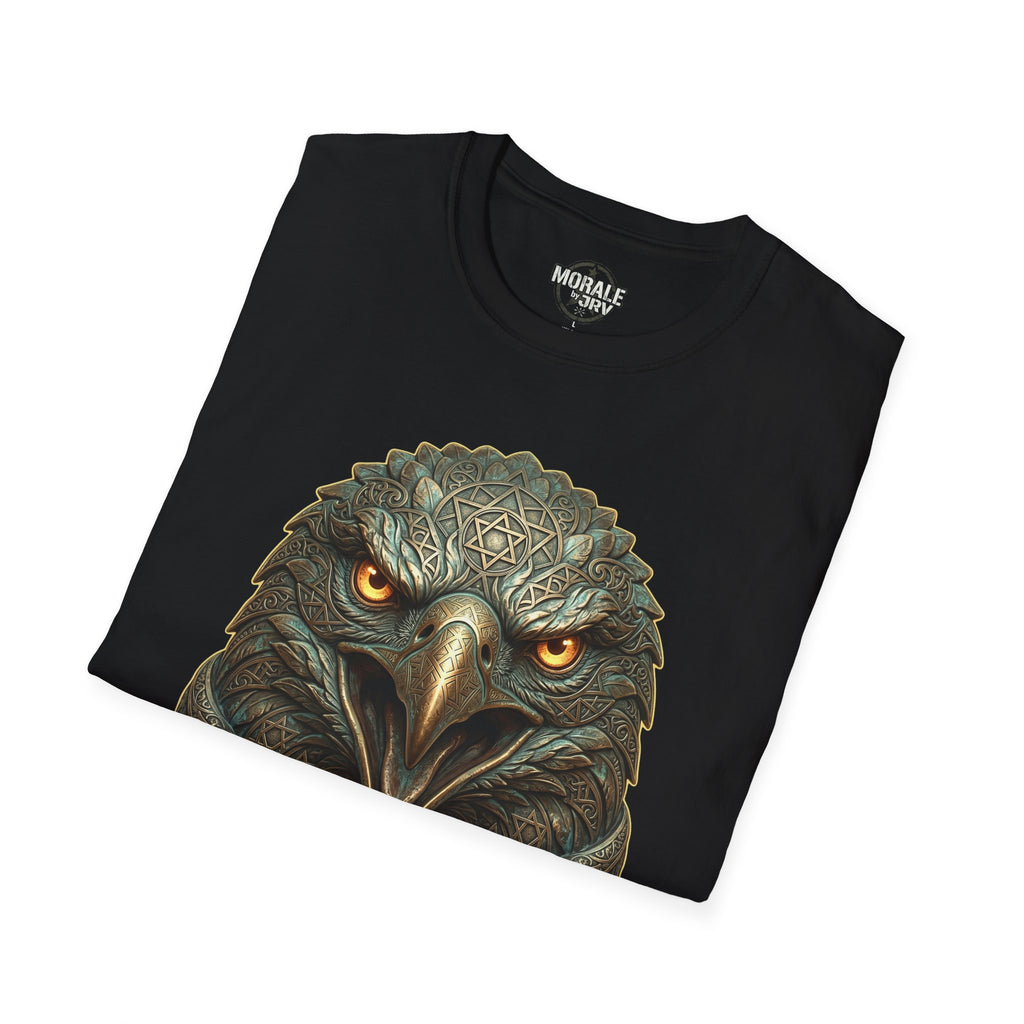 Black T-shirt with realistic eagle head illustration and golden eyes