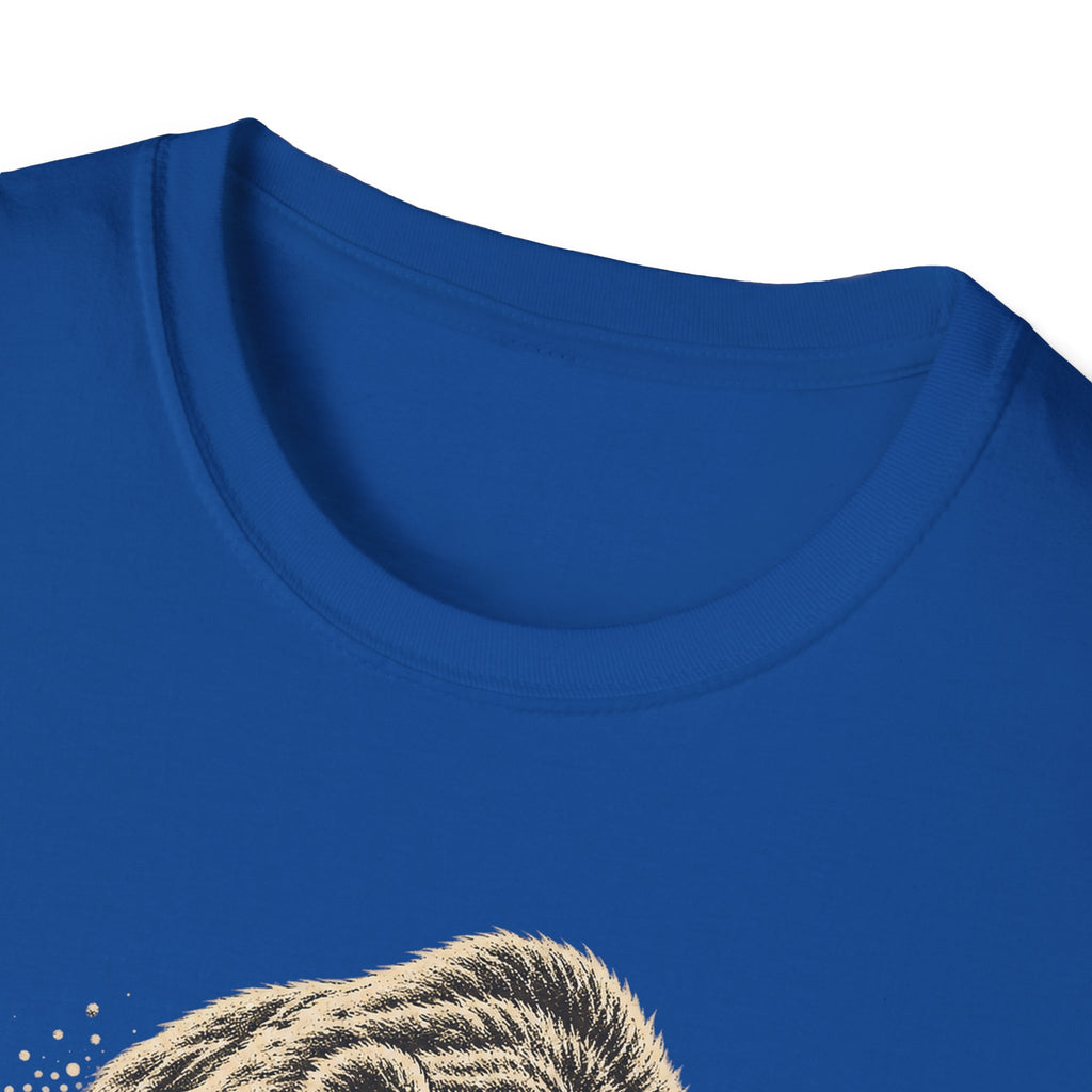 Royal blue crewneck t-shirt neckline with partial bear graphic print