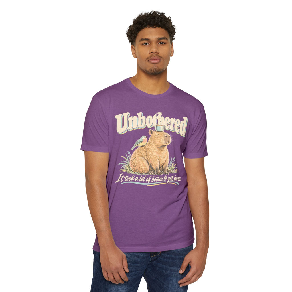 Purple crewneck graphic t-shirt with capybara and coffee-themed text