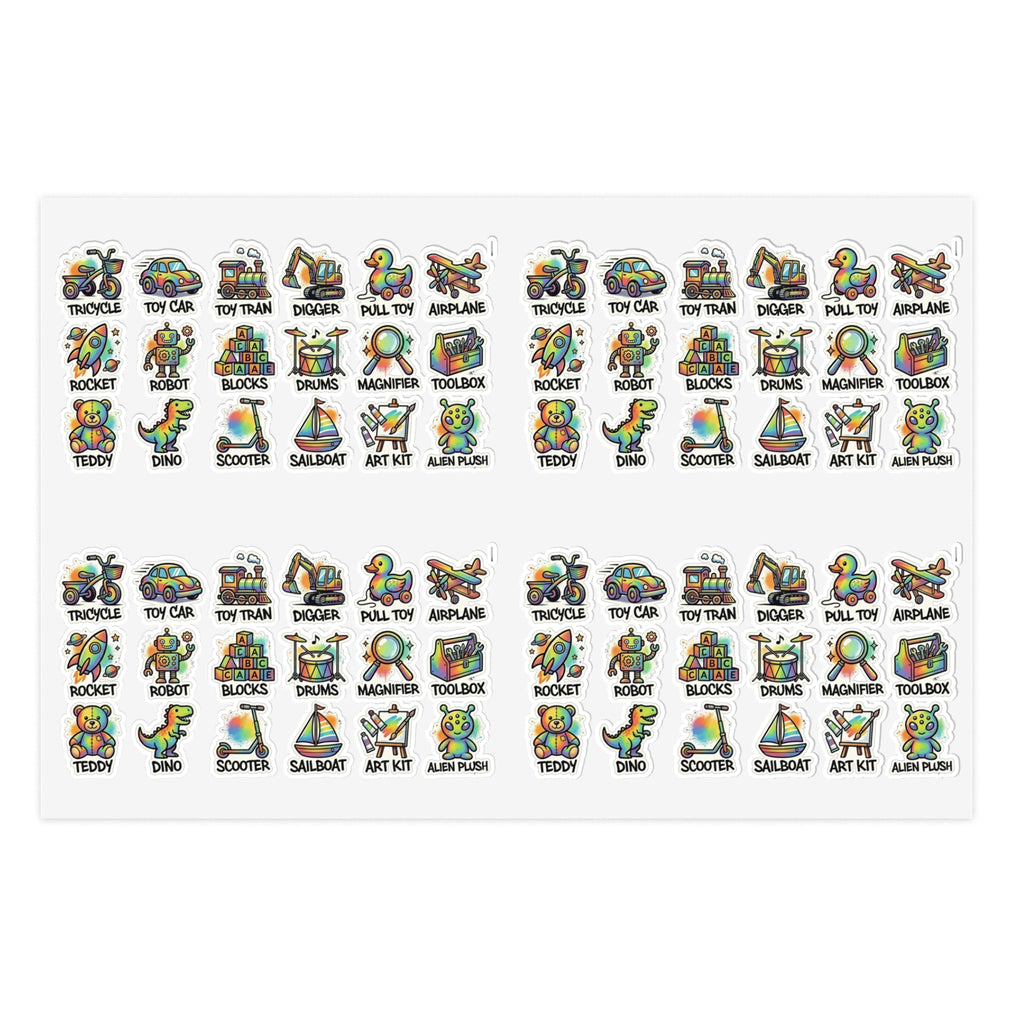 Toy icon sticker sheet, die-cut colorful labels with vehicles, robots, and tools