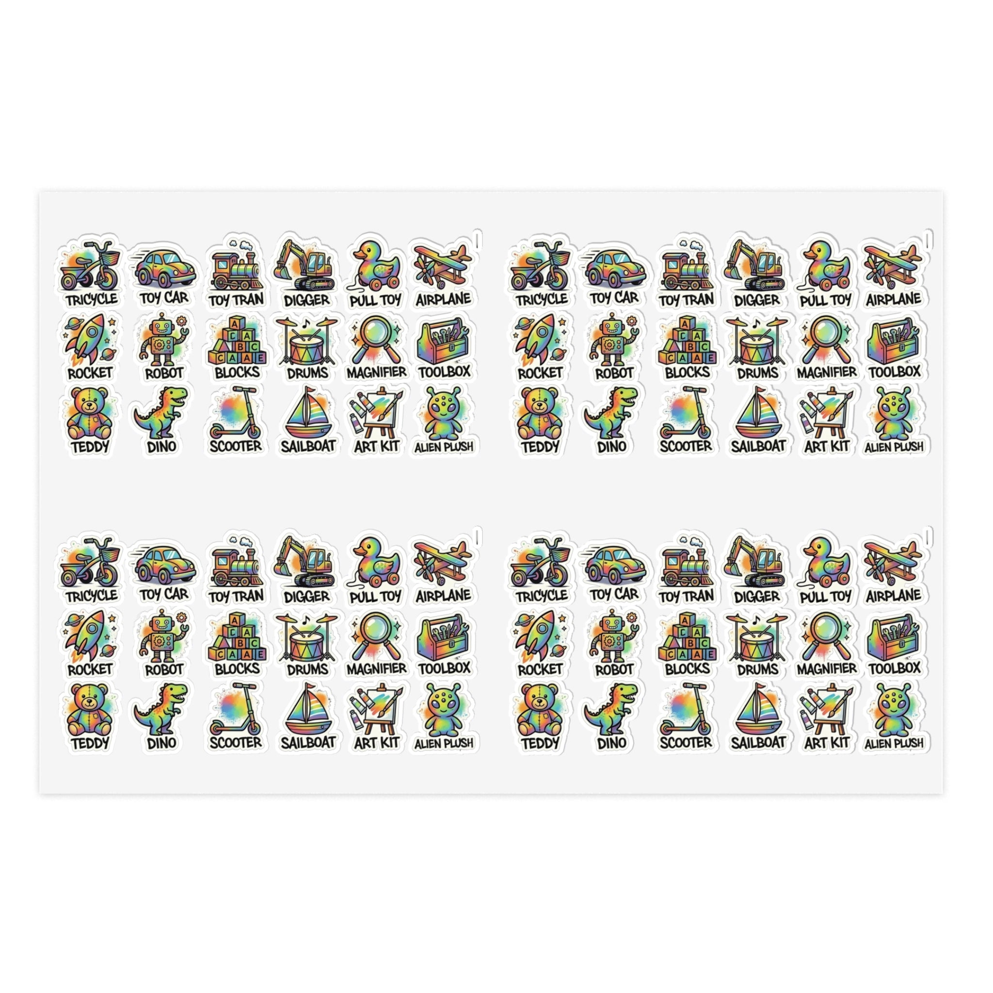Toy icon sticker sheet, die-cut colorful labels with vehicles, robots, and tools