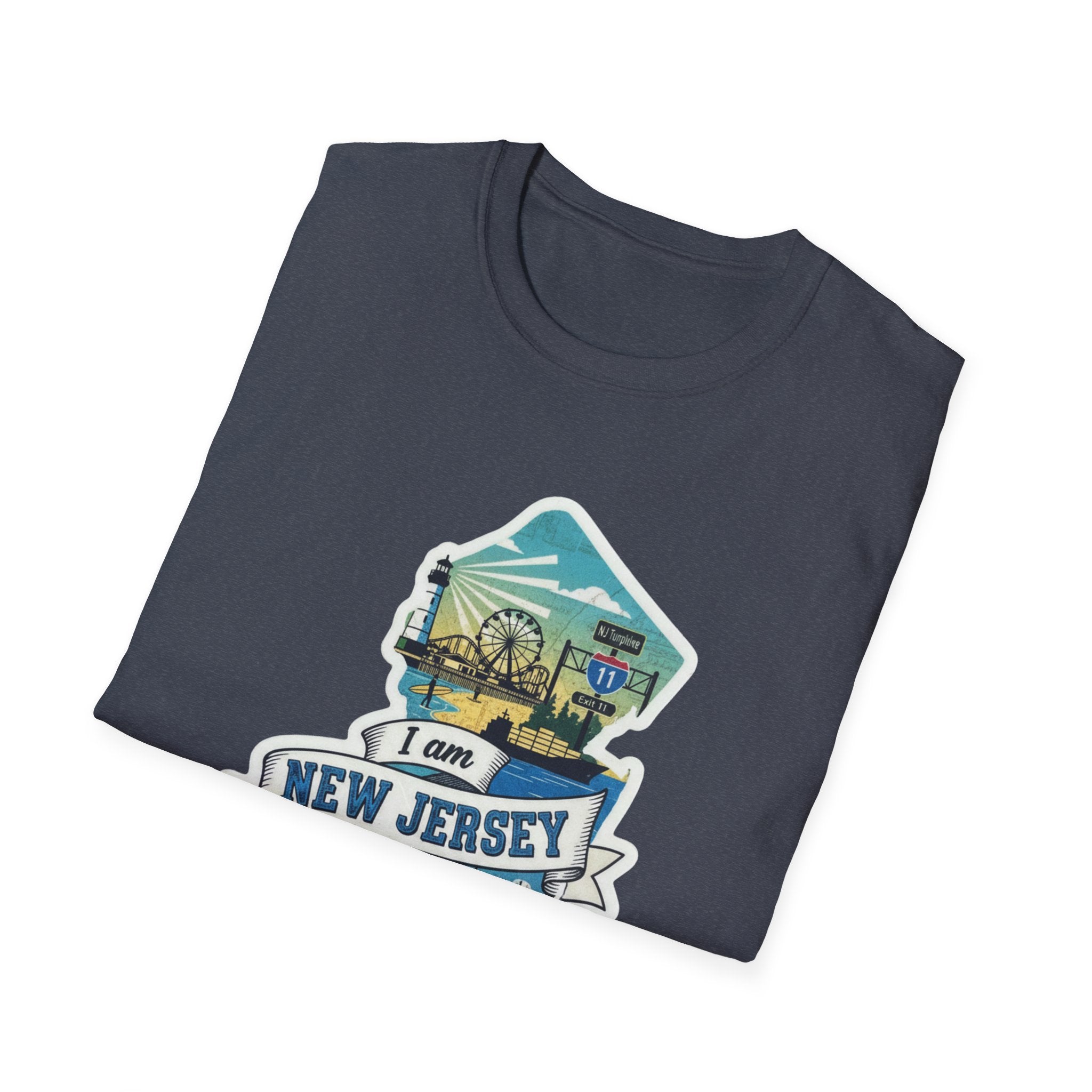 Dark heather blue t-shirt with I am New Jersey skyline and state map graphic
