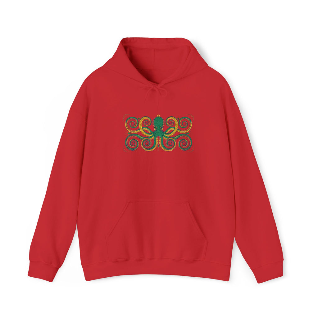 Red octopus spiral art hoodie with multicolor octopus swirl graphic on chest