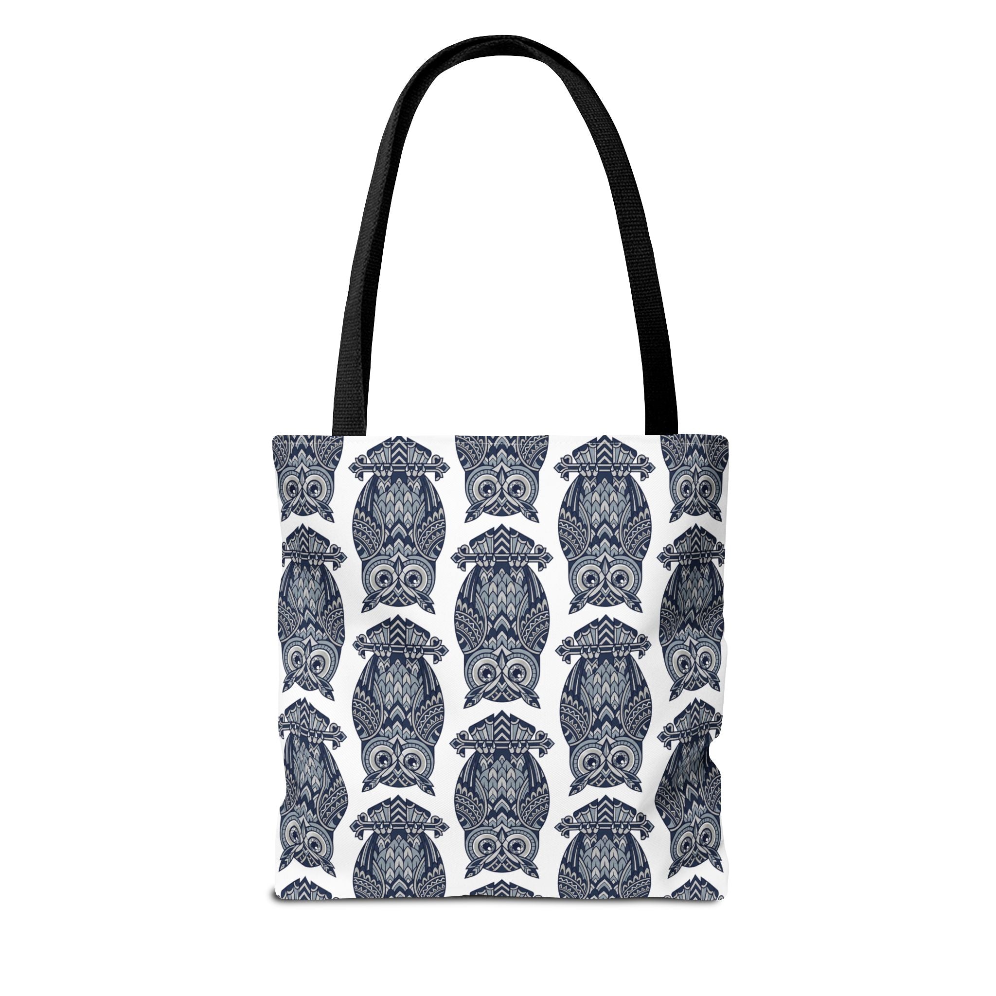 Navy owl tote bag with dark handles, densely repeated blue-and-white owl illustration print