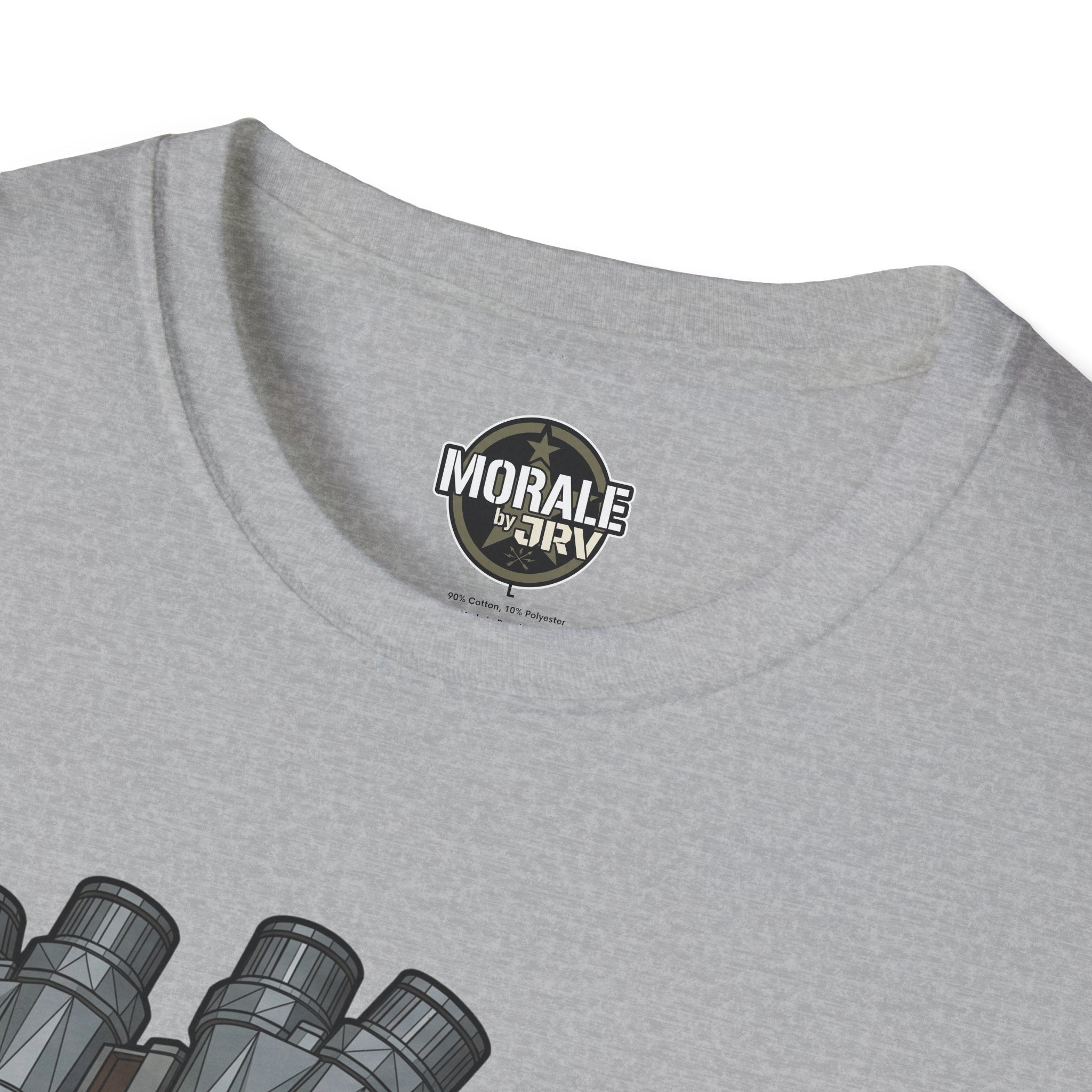 Heather gray tactical helmet graphic T-shirt, chest logo at neckline