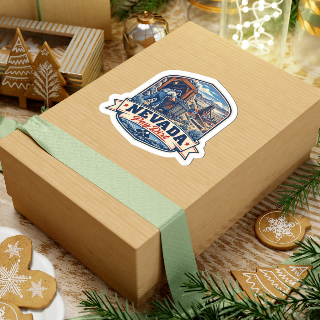 Nevada Pay Dirt miner scene kiss-cut vinyl sticker on wrapped gift box