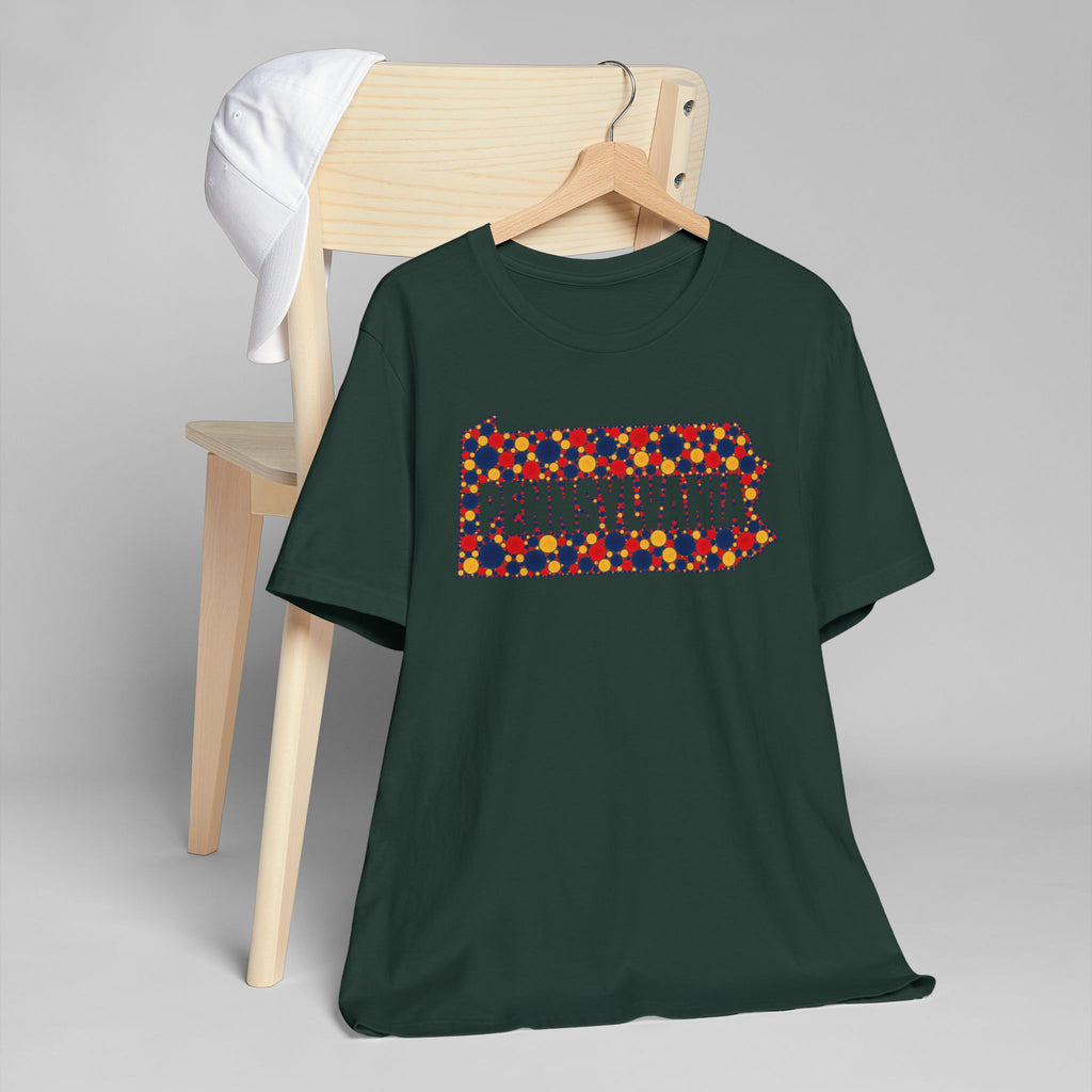 Forest green short-sleeve T-shirt with colorful floral Pennsylvania outline graphic