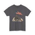 Charcoal graphic T-shirt with waving American flag over raised battle scene