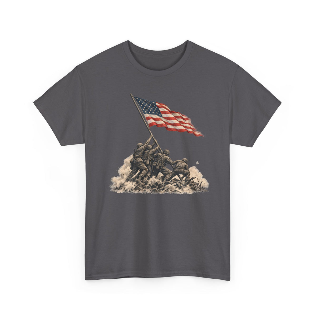 Charcoal graphic T-shirt with waving American flag over raised battle scene