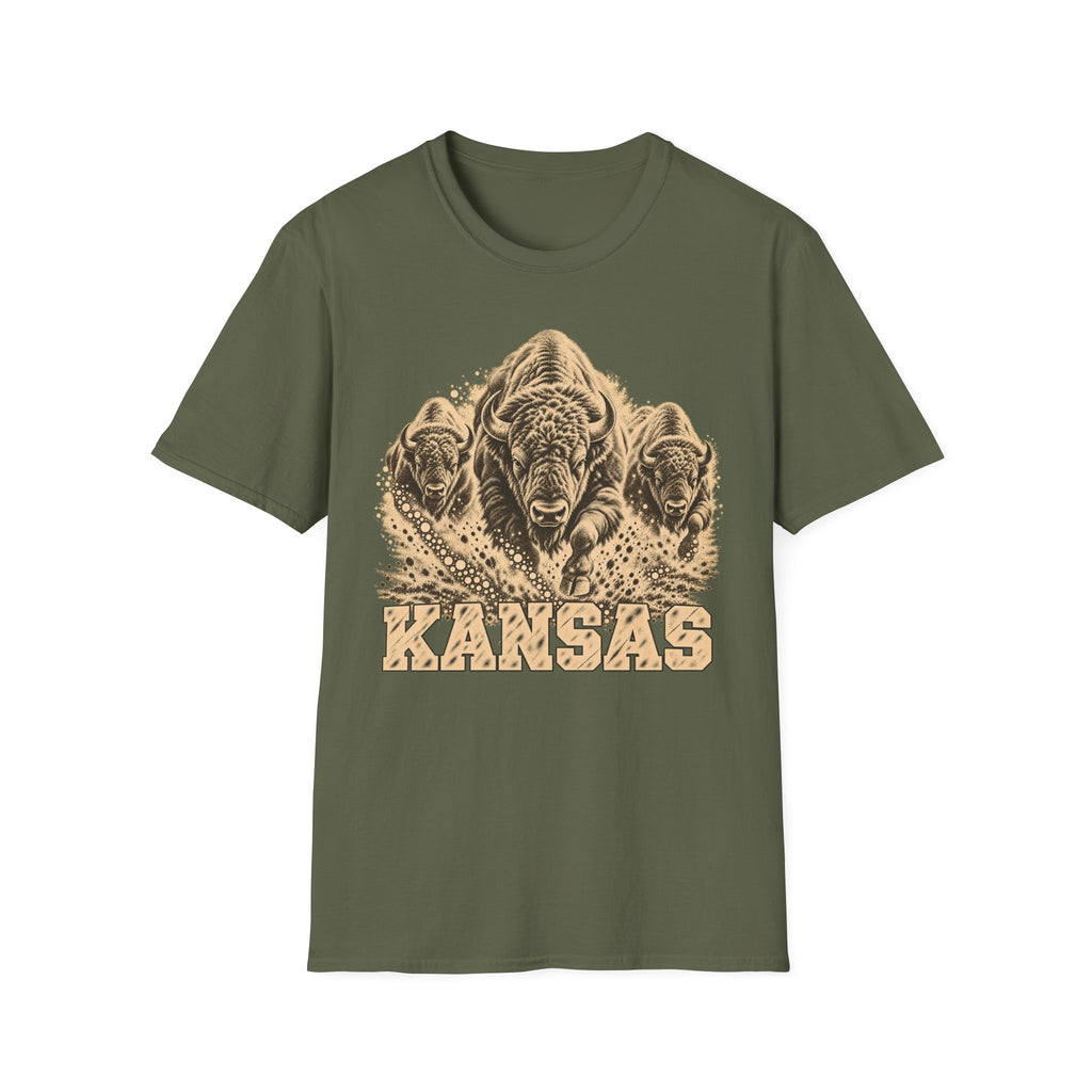 Olive green Kansas bison graphic T-shirt with front “KANSAS” text