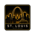 Square St. Louis neon skyline kiss-cut sticker with arch outline and “ST. LOUIS” sign.