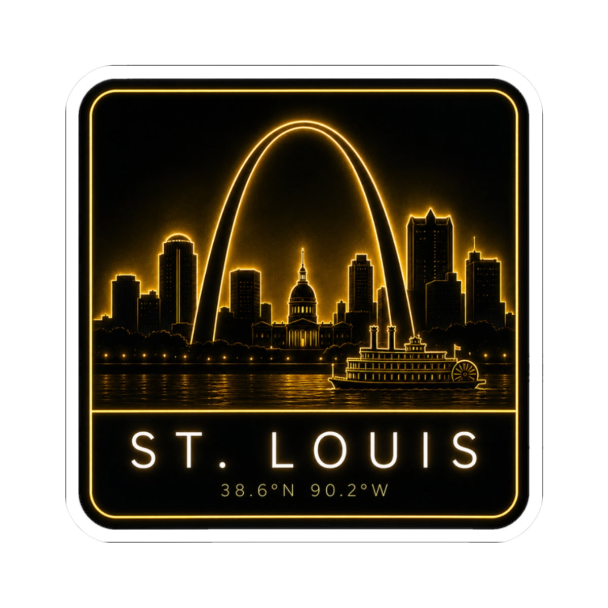 Square St. Louis neon skyline kiss-cut sticker with arch outline and “ST. LOUIS” sign.