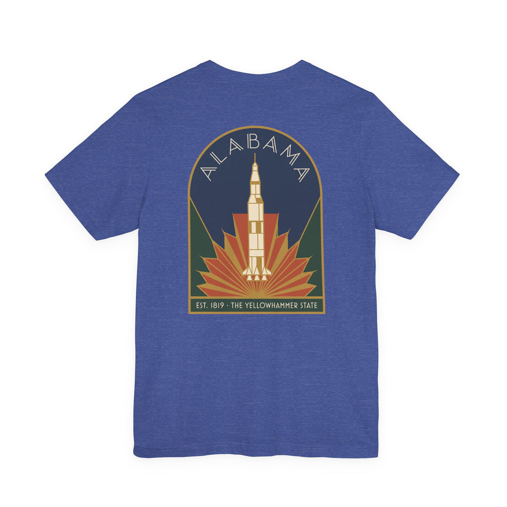 Royal blue T-shirt with round art deco Alabama rocket graphic on front