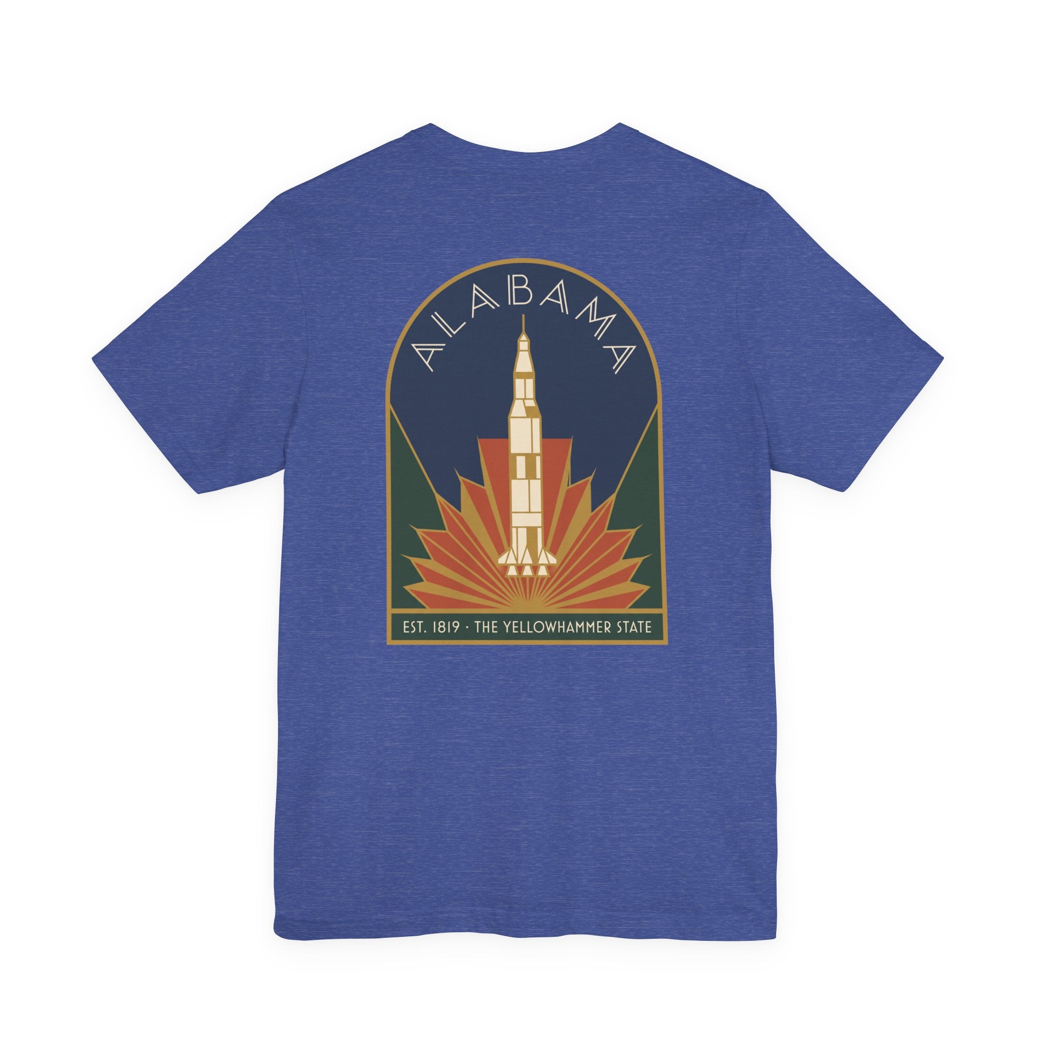 Royal blue T-shirt with round art deco Alabama rocket graphic on front