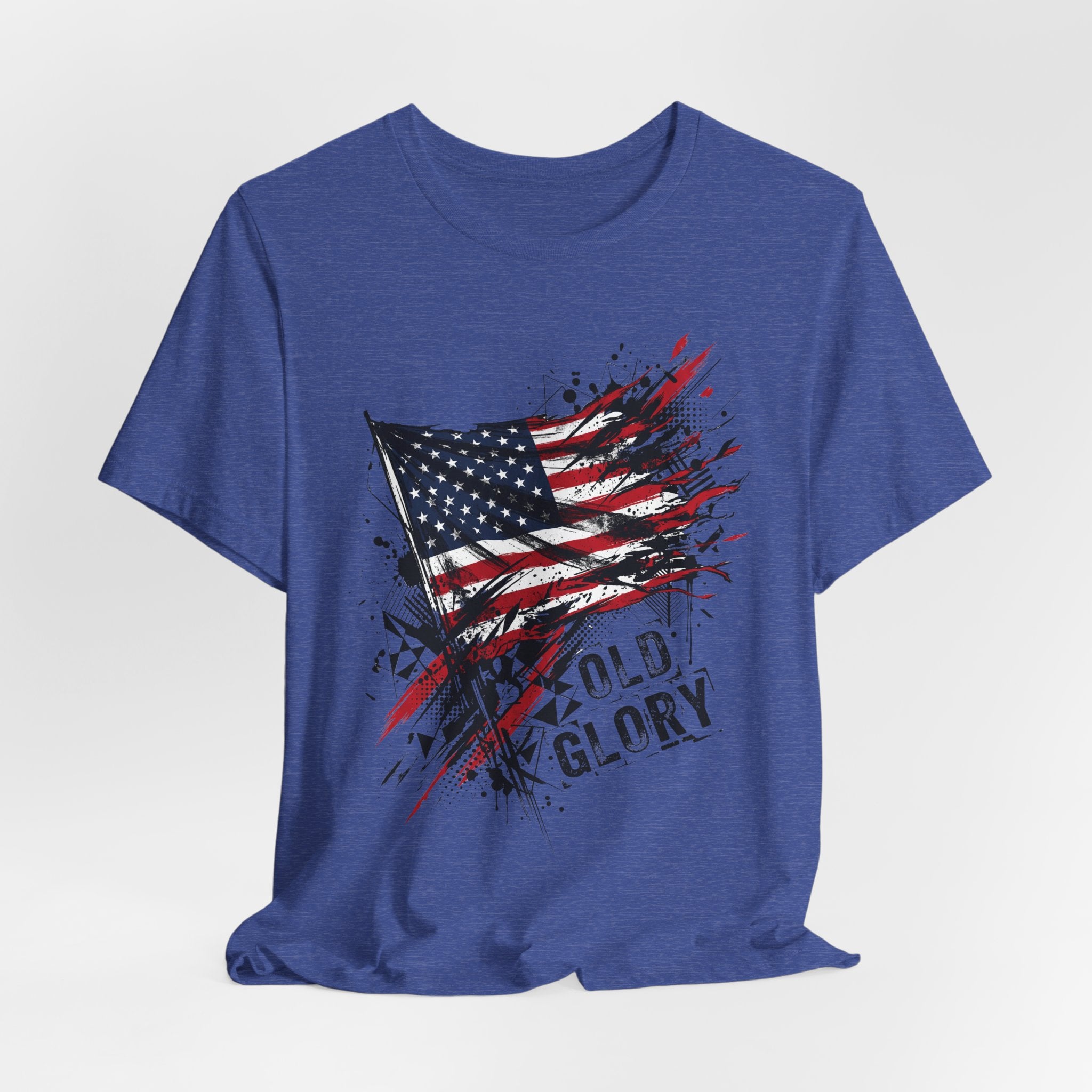 Blue short-sleeve crew neck t-shirt with distressed American flag graphic