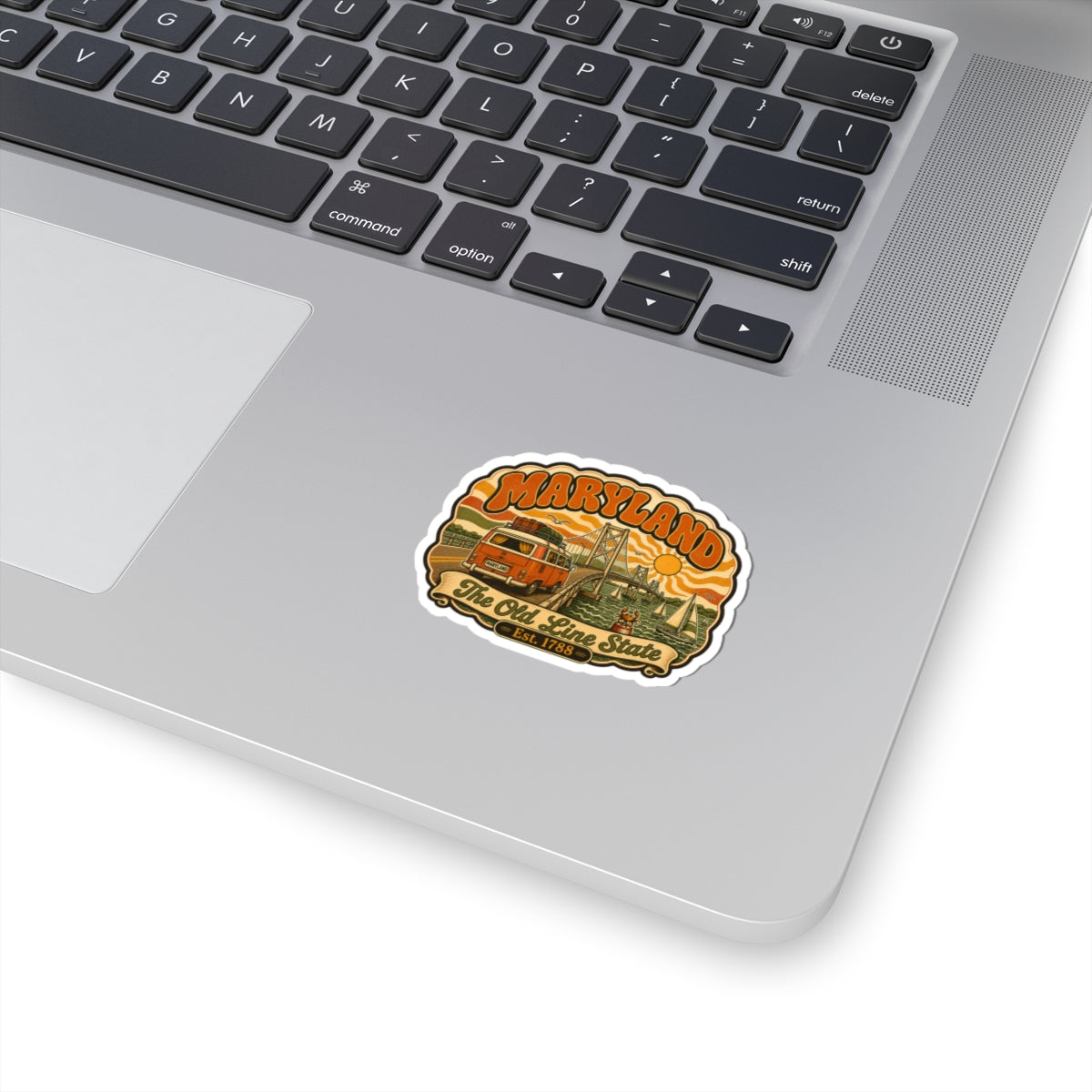 Maryland retro van bridge kiss-cut sticker with illustrated orange vehicle and state text