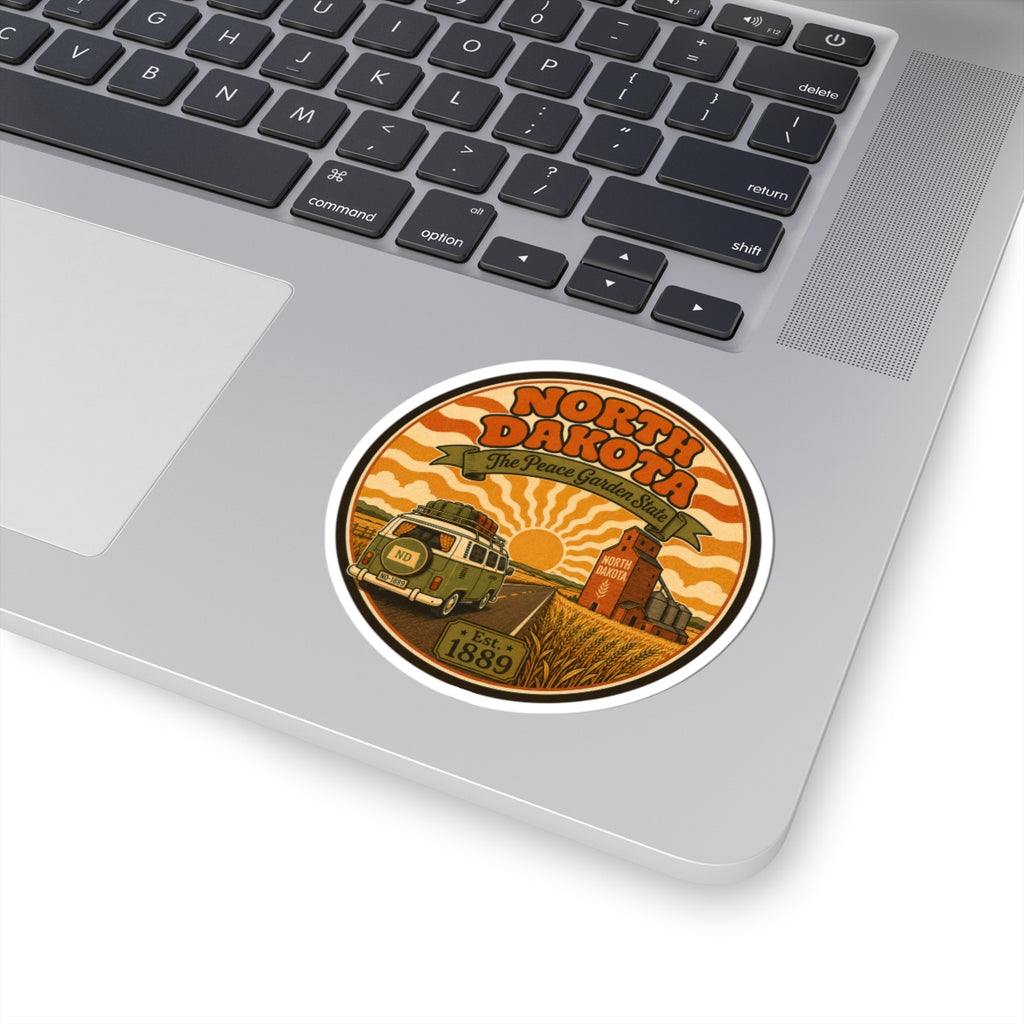 Round North Dakota sticker with white border, retro truck scene and Est. 1889