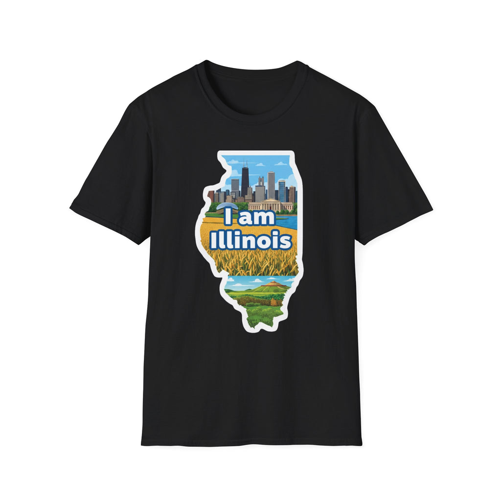 I Am Illinois T-shirt in Black, Illinois map skyline and farmland print