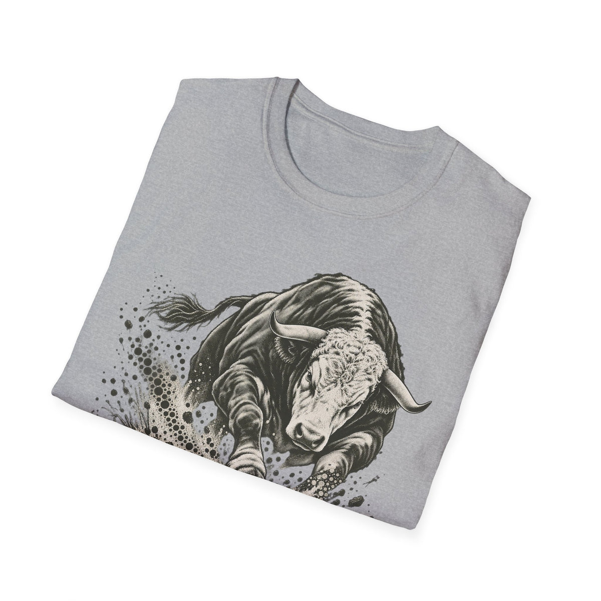 Heather gray graphic t-shirt with charging bull illustration and splatter design