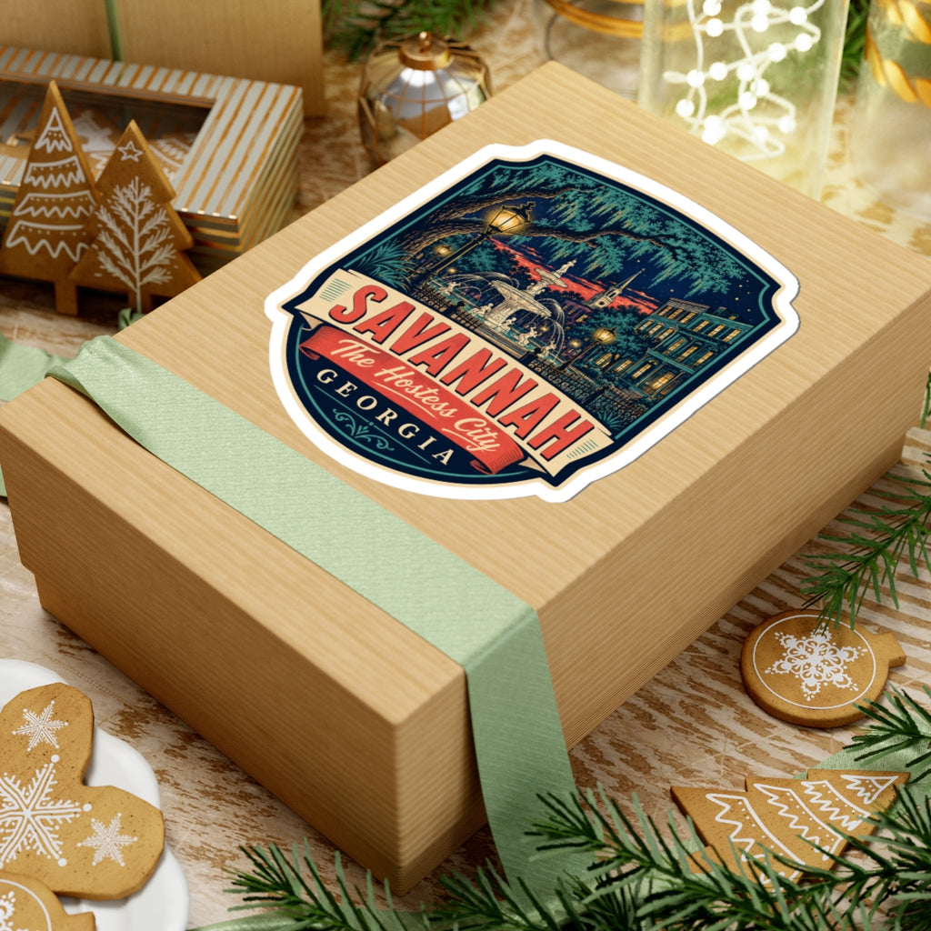 Savannah luggage tag sticker on gift box, SAVANNAH The Hostess City and Georgia