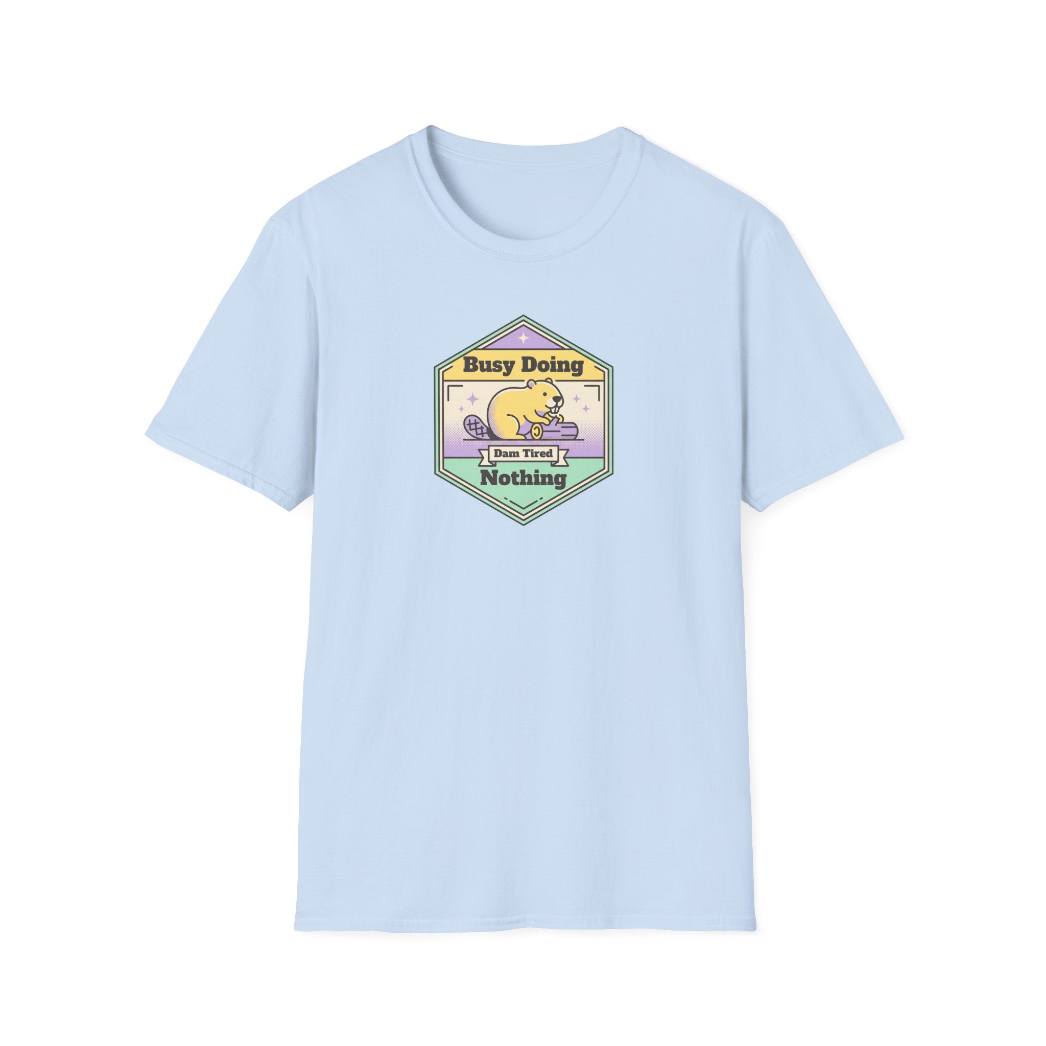 Light blue short-sleeve T-shirt with “Busy Doing Nothing” sloth graphic