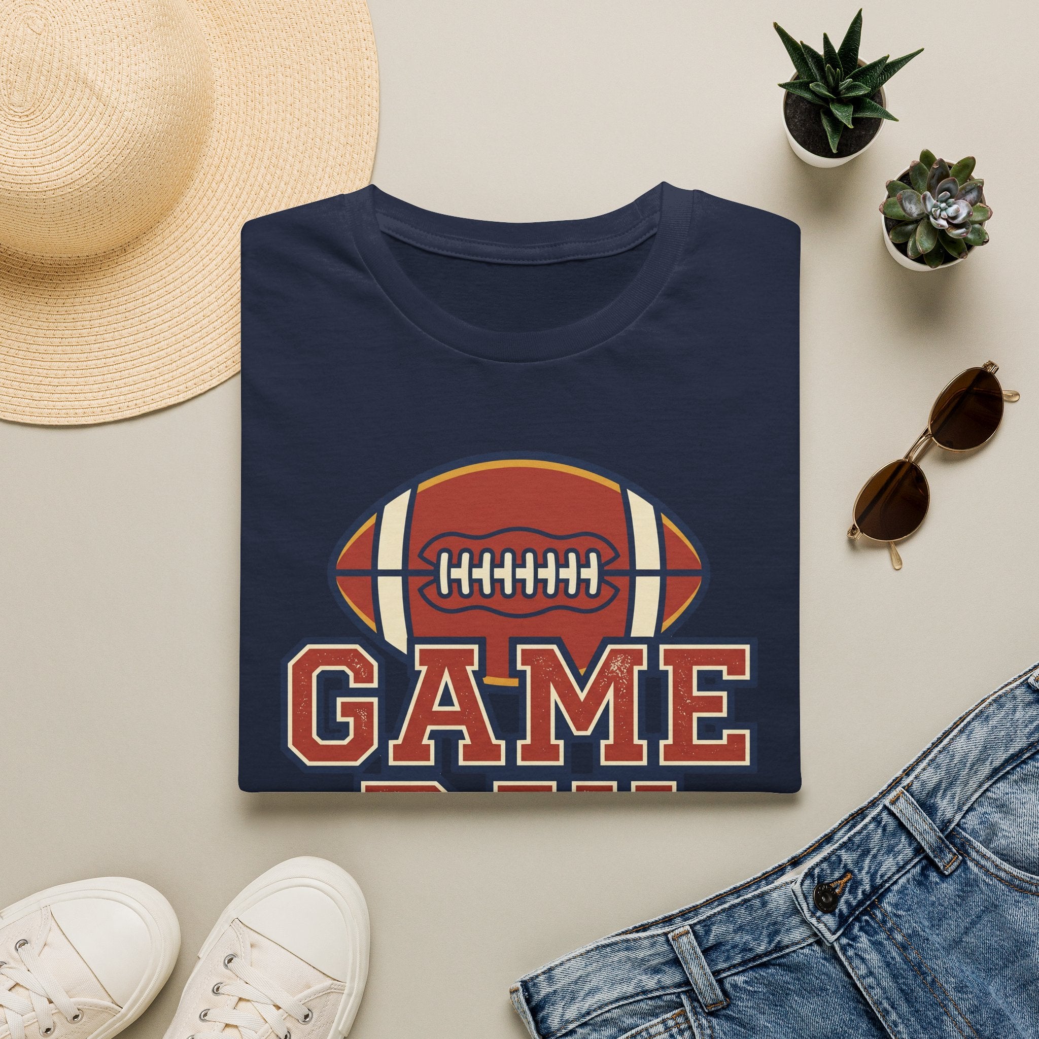 Navy football t-shirt with “GAME” text and football emblem graphic on center front