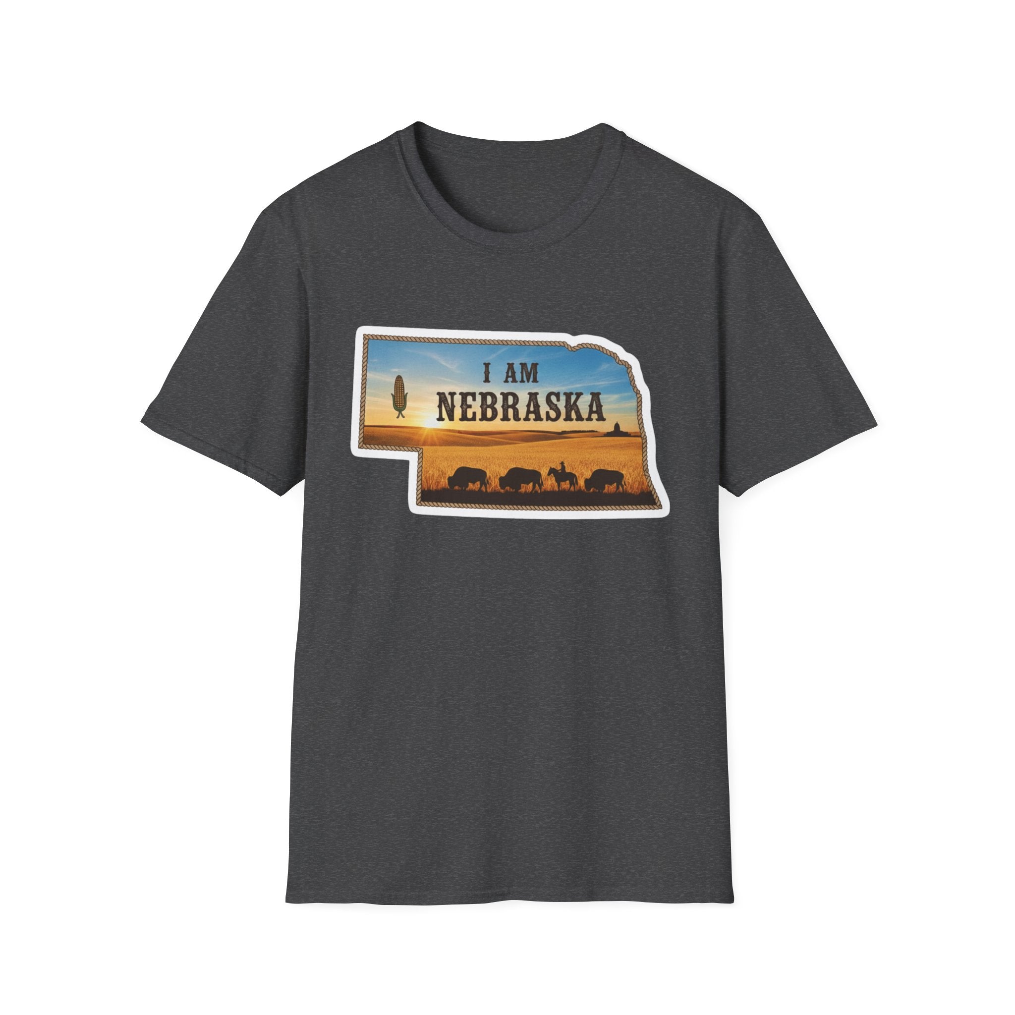 T-Shirt i am Nebraska, dunkelgrau; Frontdruck mit Nebraska-Schrift und Silhouette