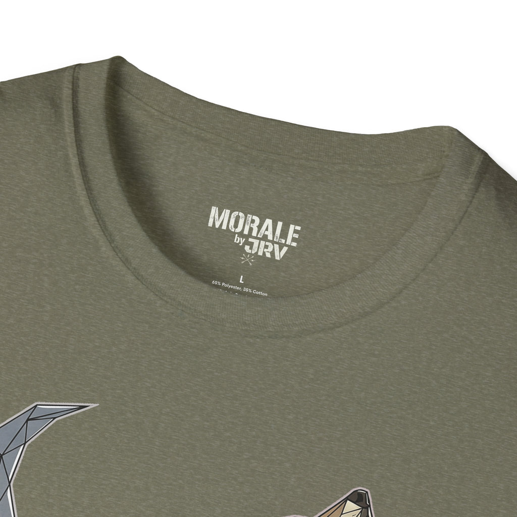 Military green Lone Wolf howling T-shirt with moon graphic, crew neck