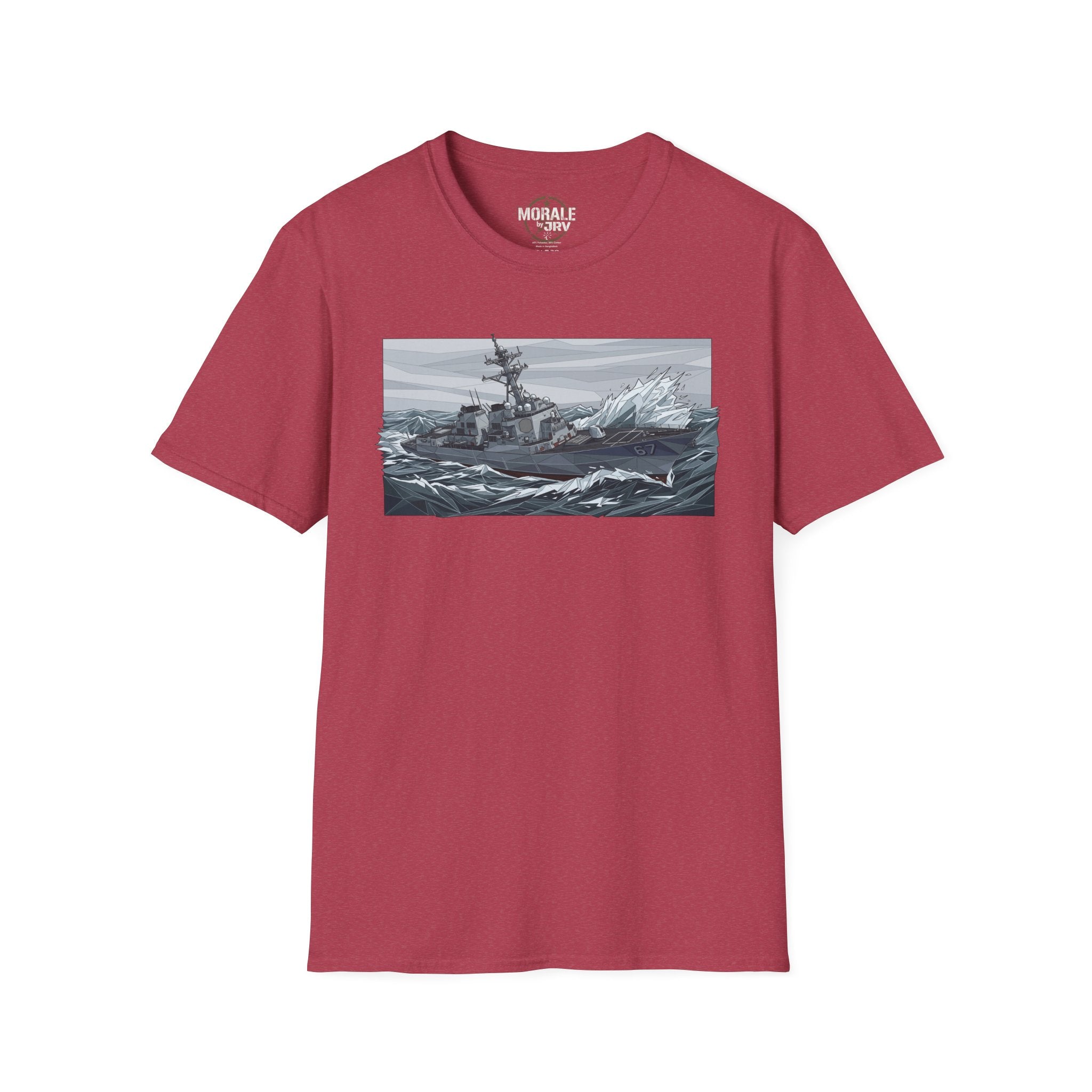 Heather cardinal red T-shirt with battleship stormy seas print on the front