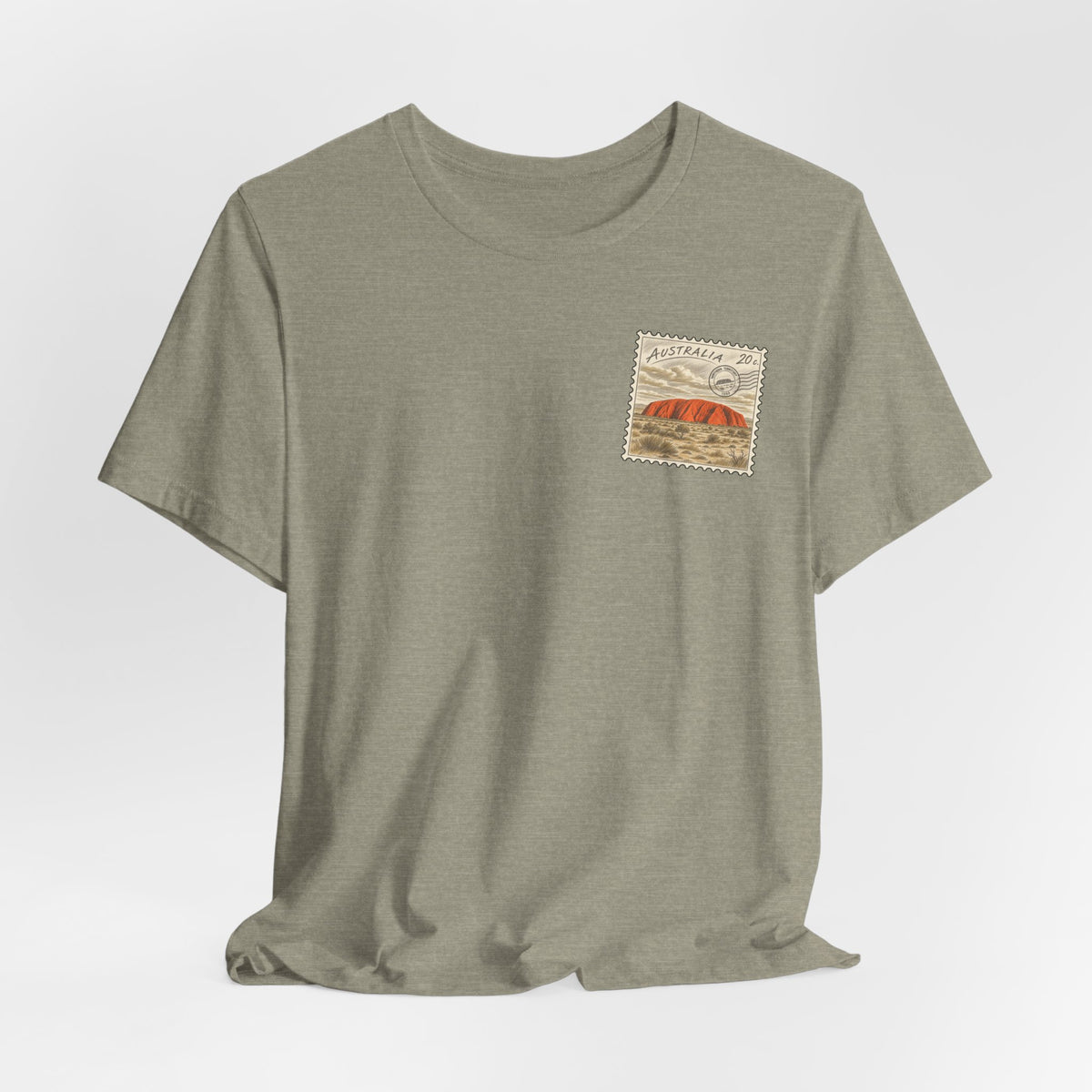 Olive heather travel t-shirt with small Australia postage stamp graphic on chest
