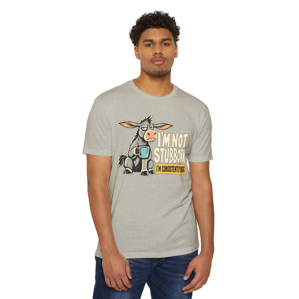 Light gray T-shirt with donkey coffee graphic and 'I'm not stubborn' text