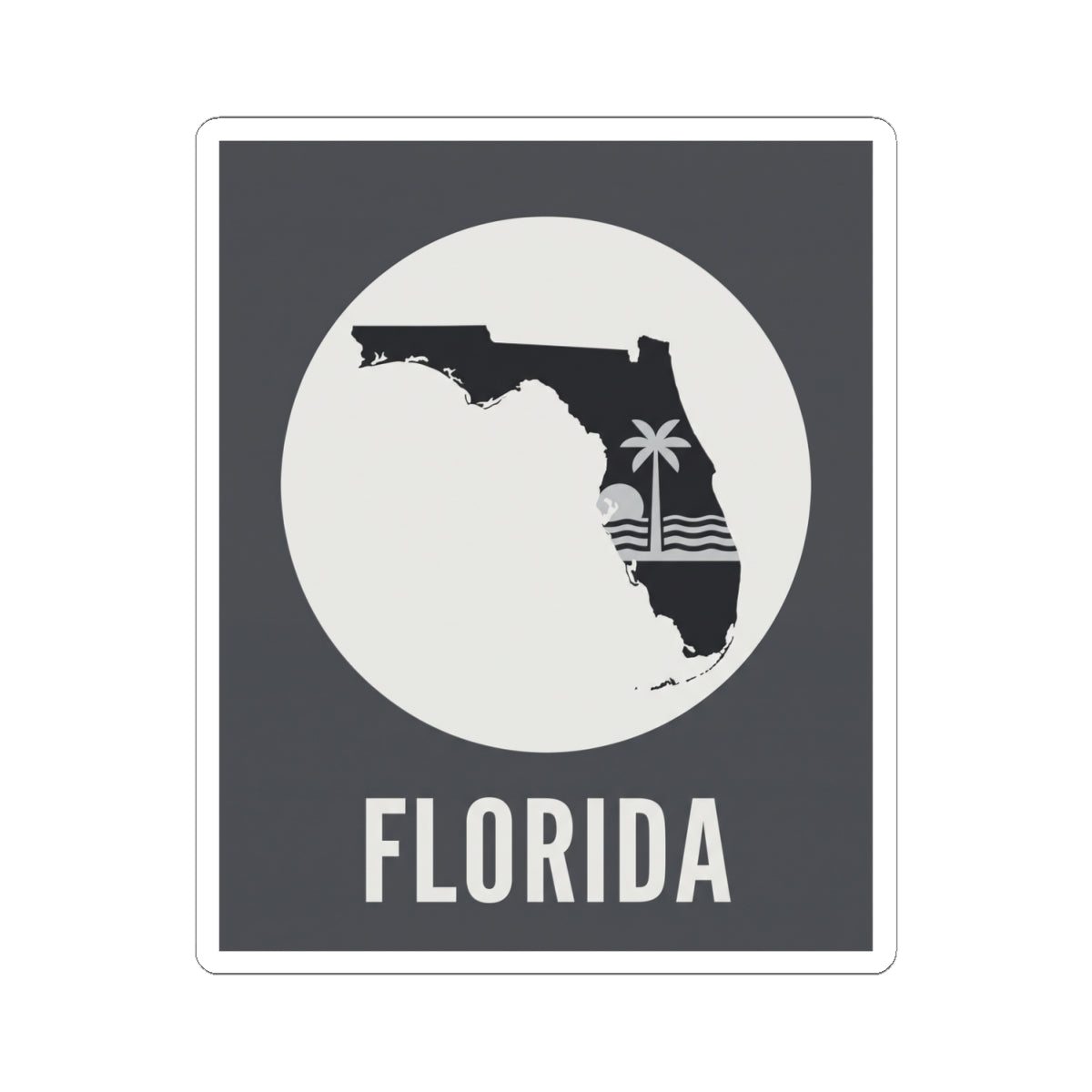 Florida silhouette sticker with circular map cutout, palm and wave stripes, FLORIDA text