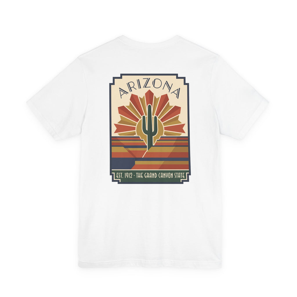 White t-shirt with Arizona cactus art graphic and retro sunburst stripes