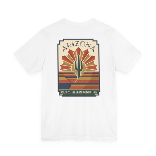 White t-shirt with Arizona cactus art graphic and retro sunburst stripes