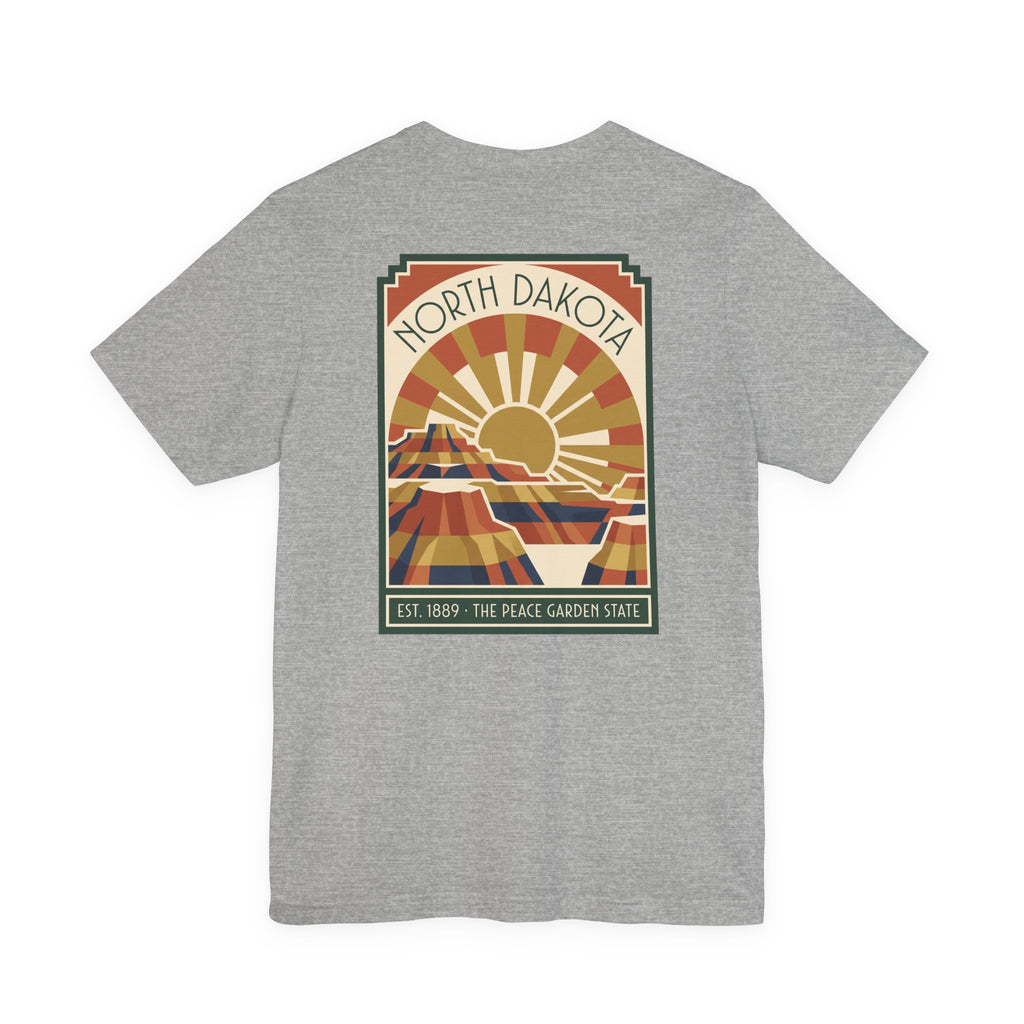 Dark grey heather T-shirt with framed North Dakota sunburst graphic, EST. 1889