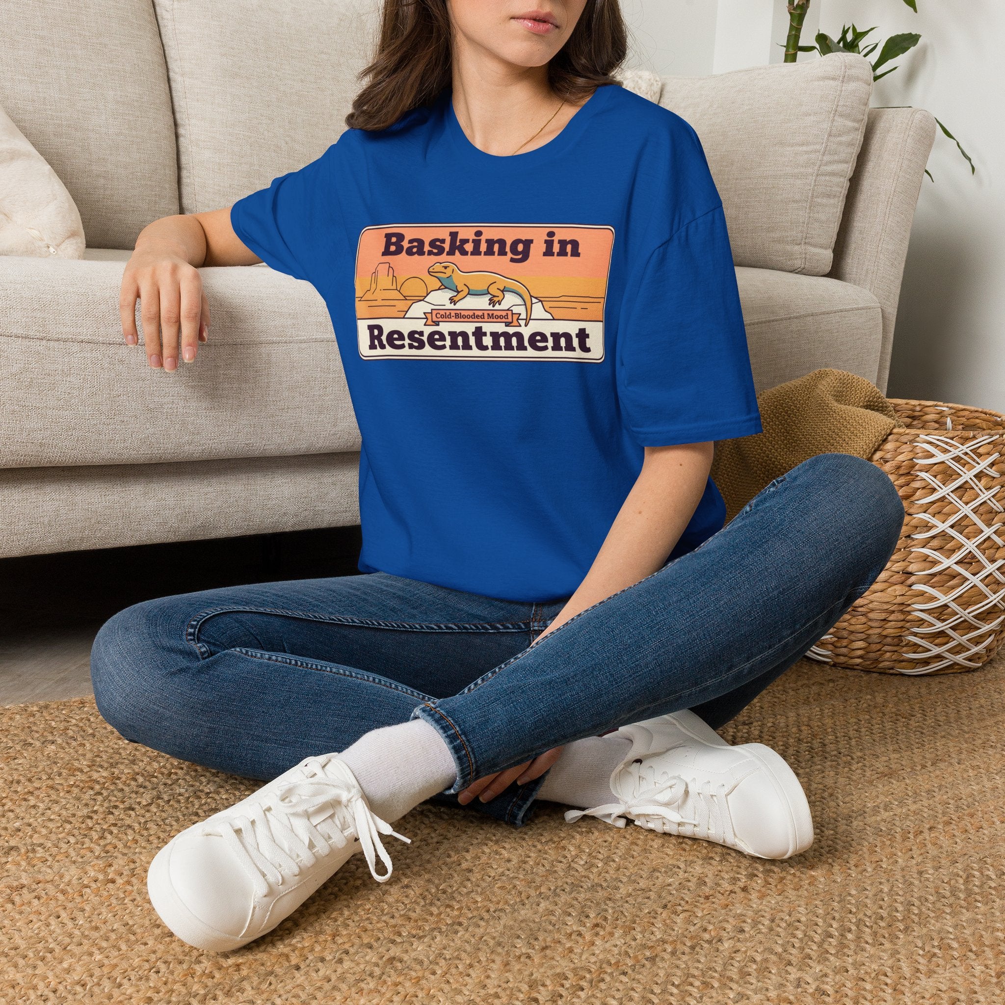Royal blue graphic lizard T-shirt with desert scene slogan print