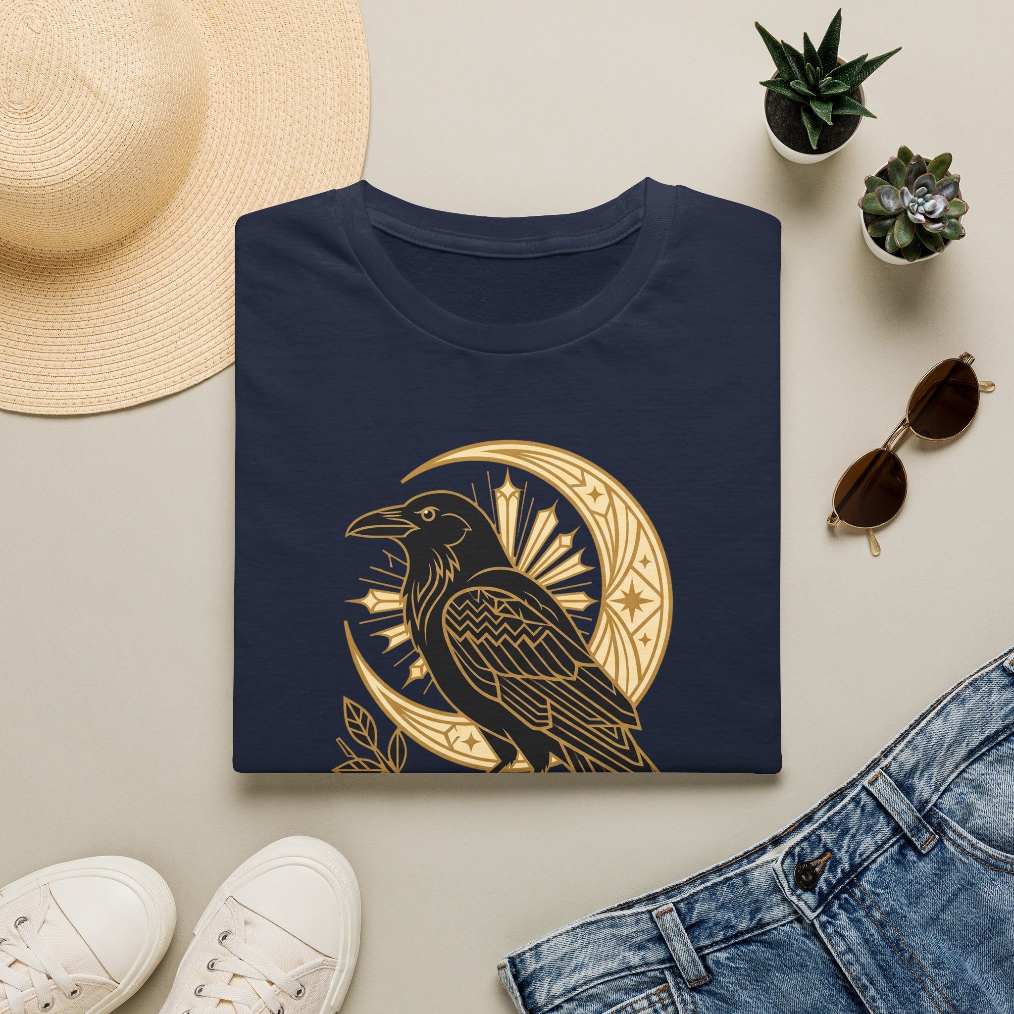 Navy raven graphic T-shirt with gold crescent moon and Nevermore emblem
