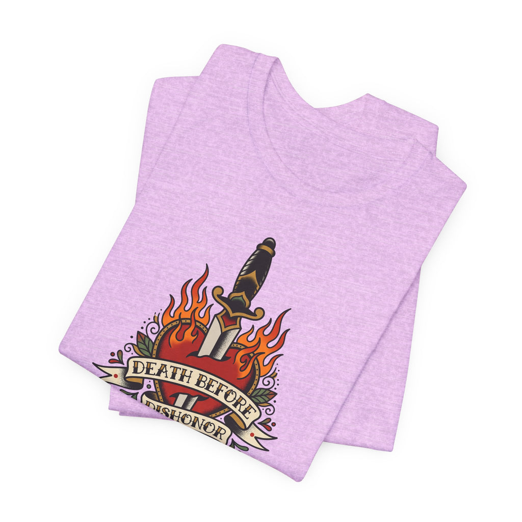 Lavender crew-neck T-shirt with dagger and flames graphic.