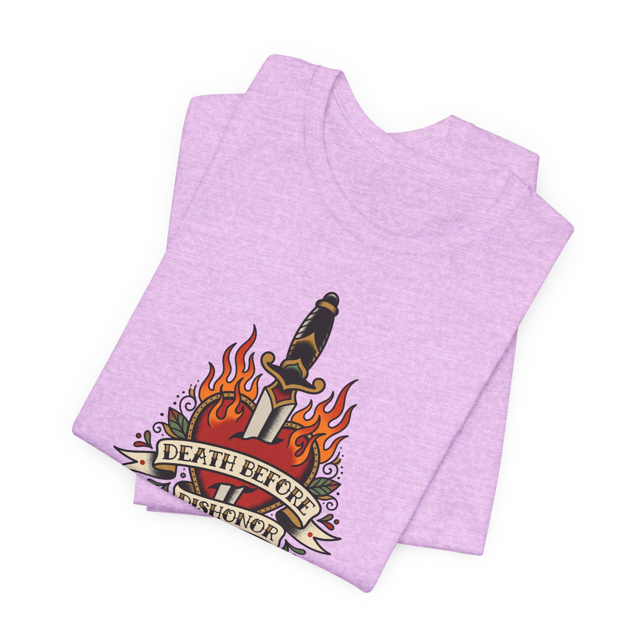 Lavender crew-neck T-shirt with dagger and flames graphic.