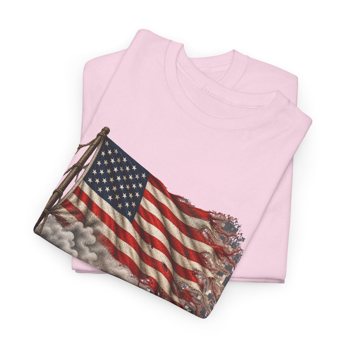 Light pink crewneck t-shirt with weathered American flag graphic on front.