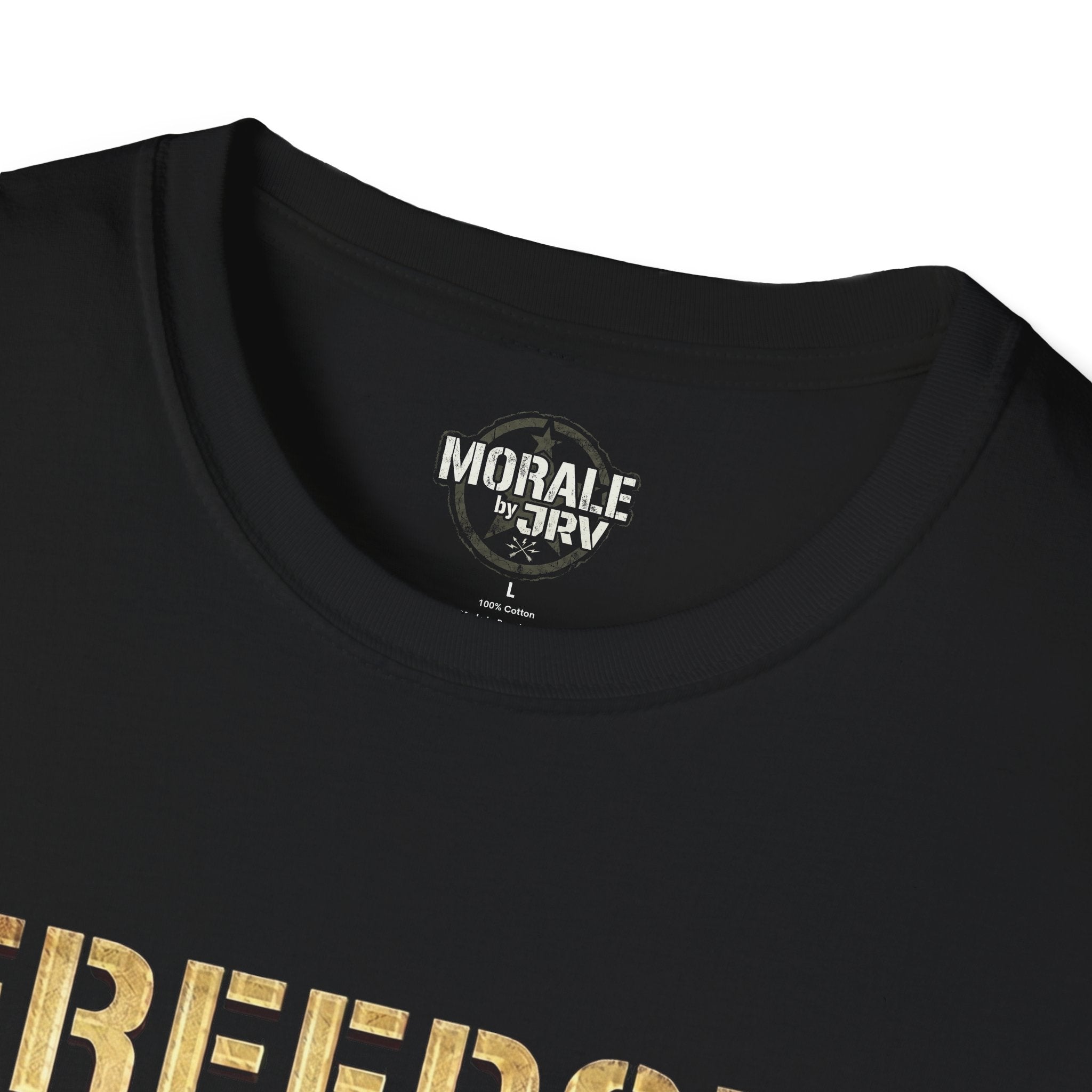 Black crew-neck T-shirt with “Morale by JTR” neck label