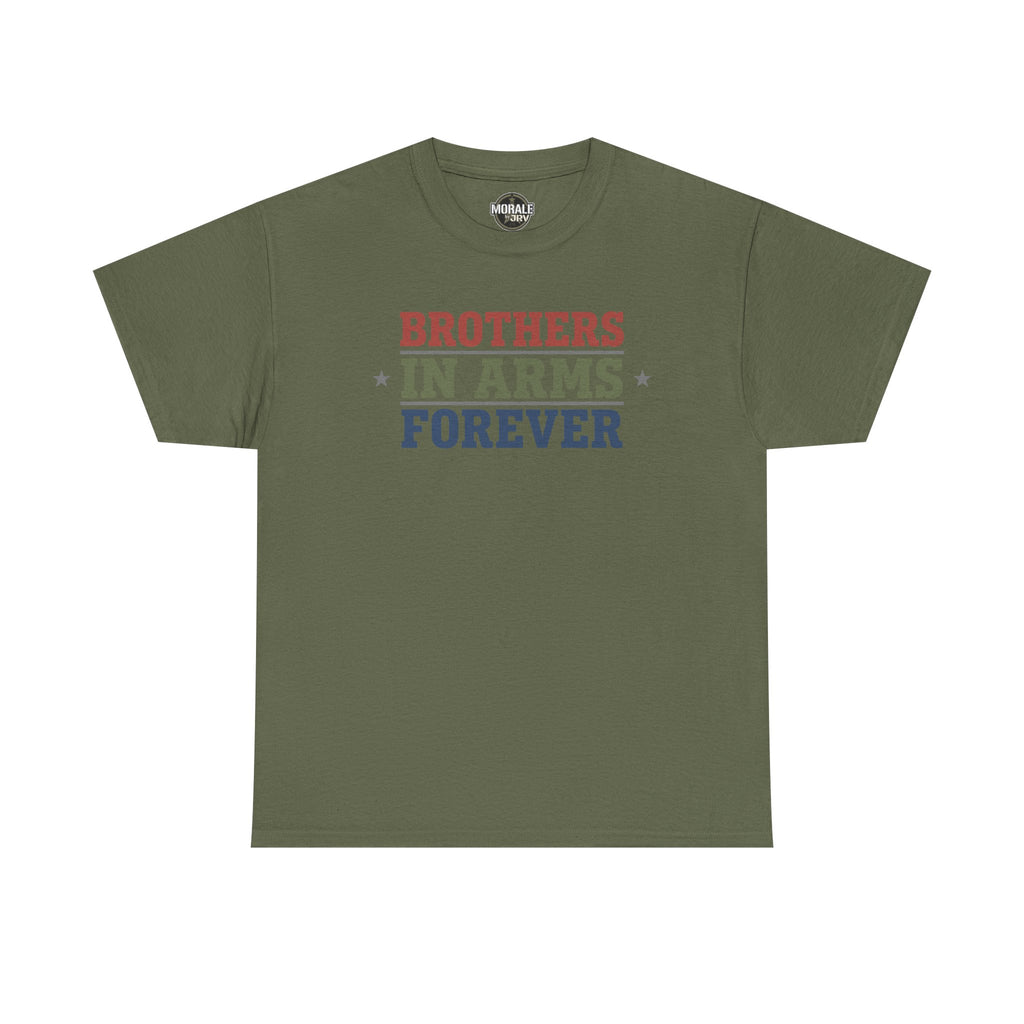 Military green crewneck tee with "BROTHERS IN ARMS FOREVER" graphic on chest