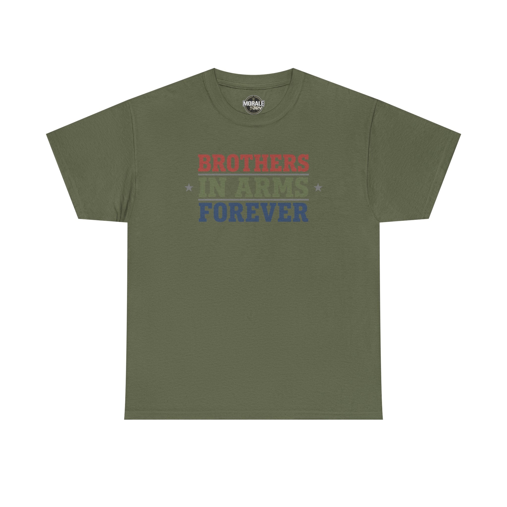 Military green crewneck tee with "BROTHERS IN ARMS FOREVER" graphic on chest