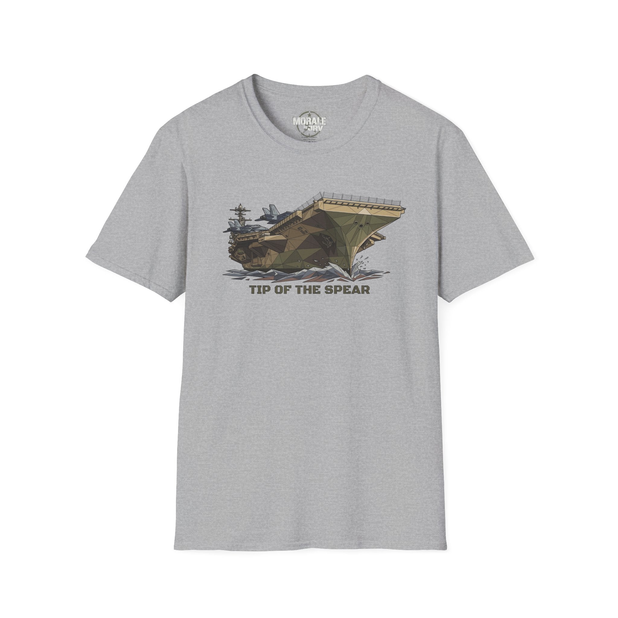 Light gray T-shirt featuring a vintage tank graphic with “TIP OF THE SPEAR” lettering