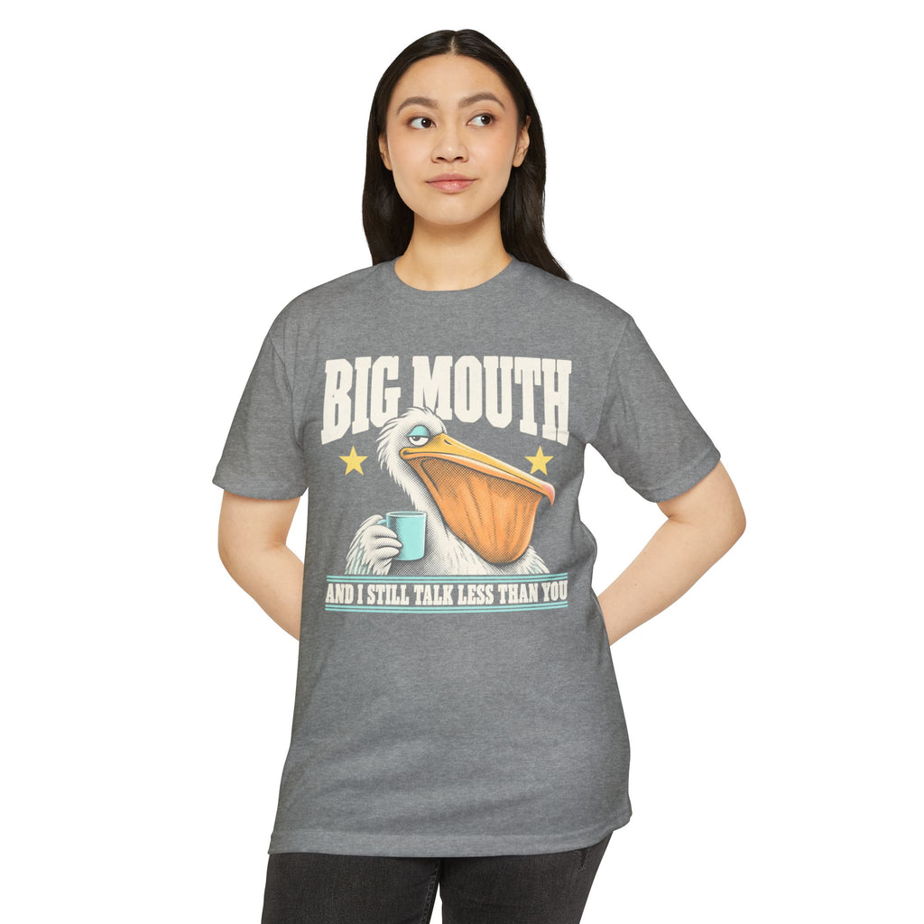 Heather gray graphic T-shirt with pelican holding a coffee mug and “BIG MOUTH” text