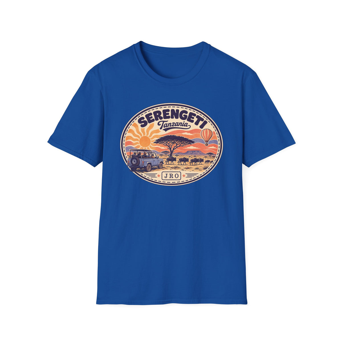 Royal blue T-shirt with round safari graphic print on the chest