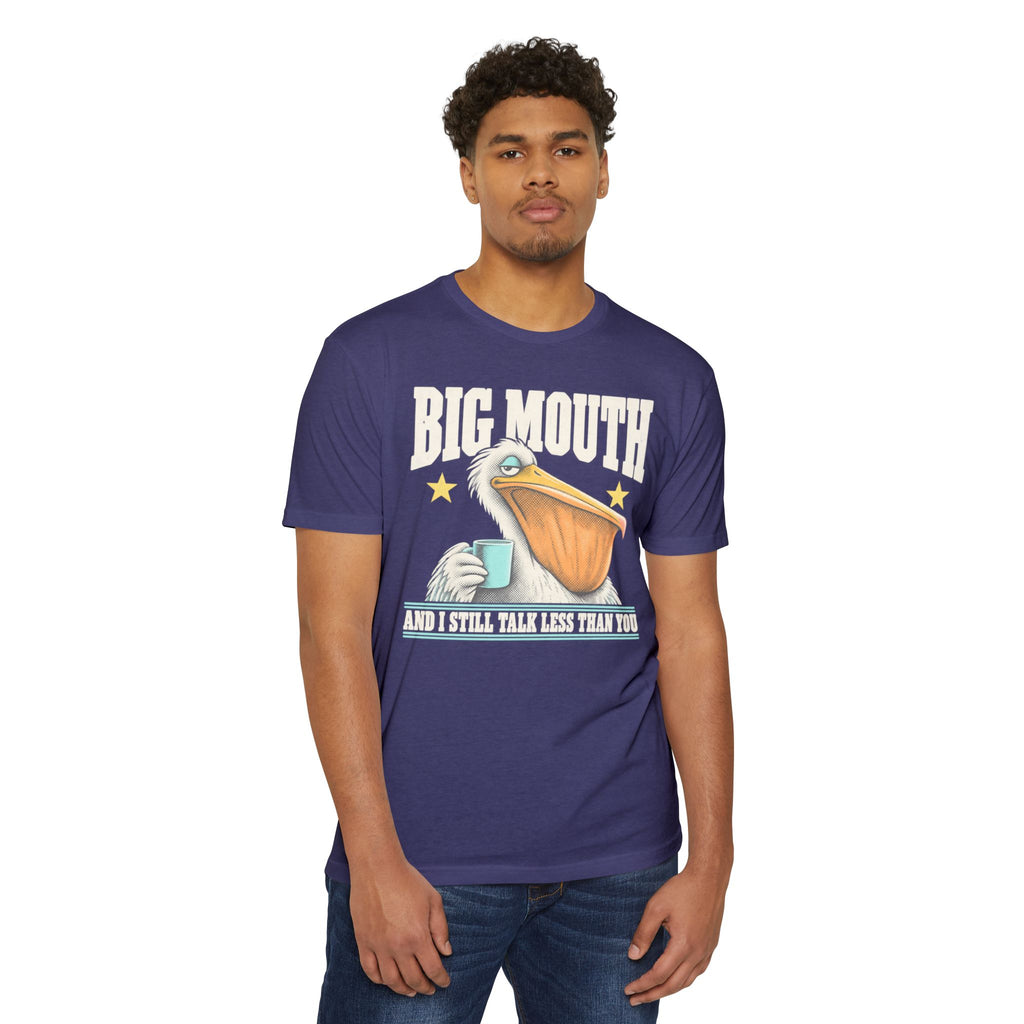Purple crew-neck t-shirt with front pelican coffee graphic and text print.